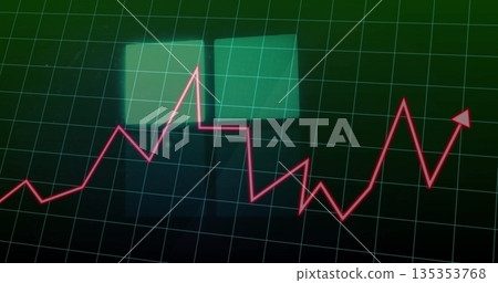 Showing red zigzag line graph ending with arrow tip over grid on dashboard, with display panels Showing red zigzag line graph ending with arrow tip over grid on dashboard, with display panels 135353768
