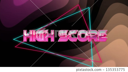 Displaying bold neon pink HIGH SCORE text over retro arcade interface, with glowing triangle lines 135353775