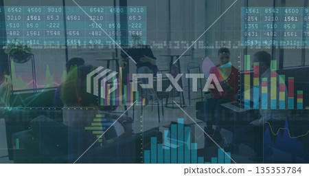 Business team reviewing digital analytics overlays in office lounge, with tablet, coffee mugs Business team reviewing digital analytics overlays in office lounge, with tablet, coffee mugs 135353784