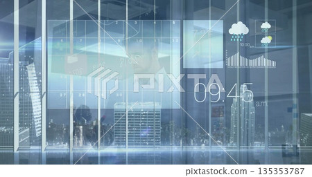 Digital dashboard overlaying city skyline in office, with calendar grid and weather icons Digital dashboard overlaying city skyline in office, with calendar grid and weather icons 135353787