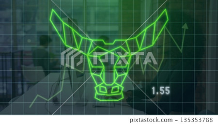 Three analysts wearing business casual at computers in office, with neon green bull head overlay Three analysts wearing business casual at computers in office, with neon green bull head overlay 135353788