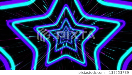 Radiating nested neon star outlines creating depth effect in virtual space, with light streaks Radiating nested neon star outlines creating depth effect in virtual space, with light streaks 135353789