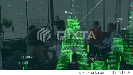 Meeting team viewing bar chart overlay in office lounge, with devices notebooks coffee mug on table Meeting team viewing bar chart overlay in office lounge, with devices notebooks coffee mug on table 135353799