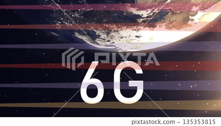 Displaying bold white 6G text floating above sunlit planet in outer space, with colored stripes 135353815