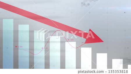 Pointing red diagonal arrow over cyan-grey bars on dashboard, red trendline, grid overlay, hexagons 135353818