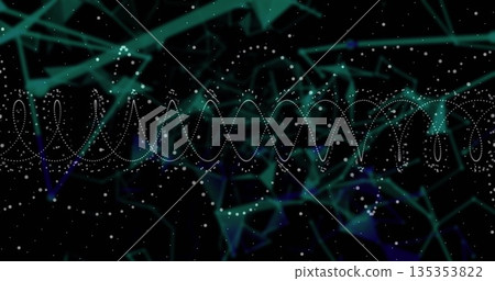 Displaying horizontal dotted sine-wave in virtual space, with polygonal network and luminous points Displaying horizontal dotted sine-wave in virtual space, with polygonal network and luminous points 135353822