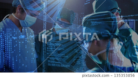 Performing surgical team wearing green gowns in operating theatre, masks, tools and digital overlay 135353856