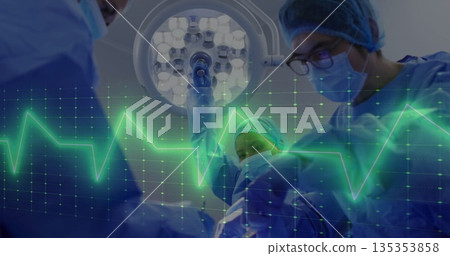 Standing surgical team performing surgery in operating room, with gowns masks lamp and ECG waveform Standing surgical team performing surgery in operating room, with gowns masks lamp and ECG waveform 135353858