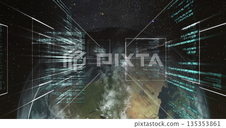 Displaying Earth orb rotating in outer space with floating interface panels and neon-blue code Displaying Earth orb rotating in outer space with floating interface panels and neon-blue code 135353861