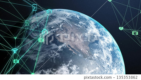 Showing Earth globe over outer space, connecting teal network lines with camera envelope heart wifi Showing Earth globe over outer space, connecting teal network lines with camera envelope heart wifi 135353862