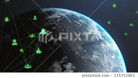 Displaying Earth glowing with city lights over star field, with network lines linking user icons 135353863