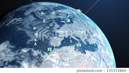 Showing Earth hemisphere spinning from orbit, with green network icons linking global nodes 135353864