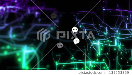 White and gray chat bubble icons hovering in data network, with glowing nodes and neon lines White and gray chat bubble icons hovering in data network, with glowing nodes and neon lines 135353869