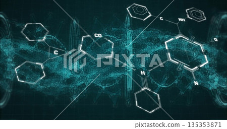 Showing molecules with hexagonal rings labeled atoms and bonds in lab over teal grid waveforms Showing molecules with hexagonal rings labeled atoms and bonds in lab over teal grid waveforms 135353871