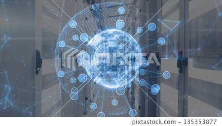 Floating hologram globe projection glowing in data center aisle with server racks and network icons Floating hologram globe projection glowing in data center aisle with server racks and network icons 135353877