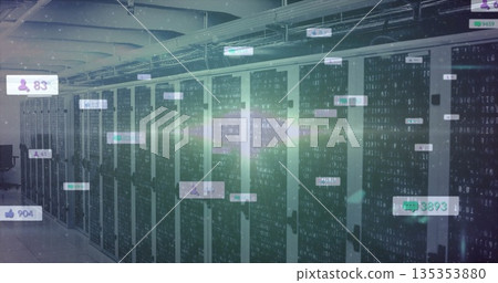 Displaying server cabinets with network cables in data center aisle, with binary code overlays Displaying server cabinets with network cables in data center aisle, with binary code overlays 135353880