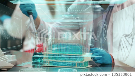 Transferring red liquid scientist in lab coat using pipette at bench, with microplate and holograms Transferring red liquid scientist in lab coat using pipette at bench, with microplate and holograms 135353901