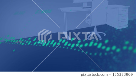 Showing desk setup in office space with pedestal chair monitor and green digital wave, copy space 135353909