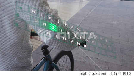 Standing man in off-white sweater beside bicycle on pier, interacting with green virtual keyboard Standing man in off-white sweater beside bicycle on pier, interacting with green virtual keyboard 135353910