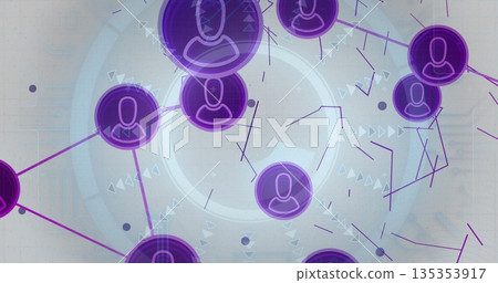 Displaying abstract network interface over virtual grid, showing purple user nodes and data flow 135353917