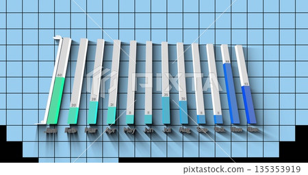 Displaying 3D bar chart rising from black base on blue grid, with month and value labels Displaying 3D bar chart rising from black base on blue grid, with month and value labels 135353919