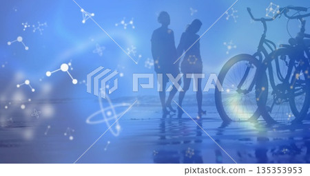 Walking silhouettes wearing shorts in shallow water at sandy beach, with bikes and network graphics 135353953