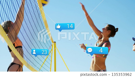 Spiking volleyball player wearing sportswear at beach court with net and overlay icons, copy space Spiking volleyball player wearing sportswear at beach court with net and overlay icons, copy space 135353962