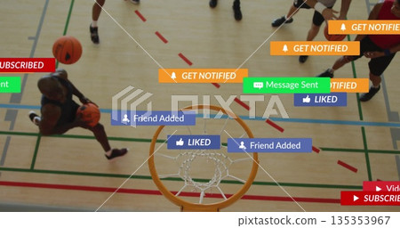 Dribbling male player moving toward hoop on gym court, with basketballs, notification graphics Dribbling male player moving toward hoop on gym court, with basketballs, notification graphics 135353967