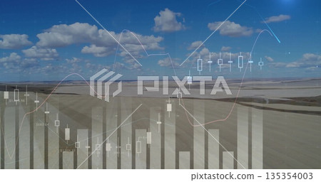 Overlaying financial chart elements over rural field, highlighting candlestick bars and line curves 135354003