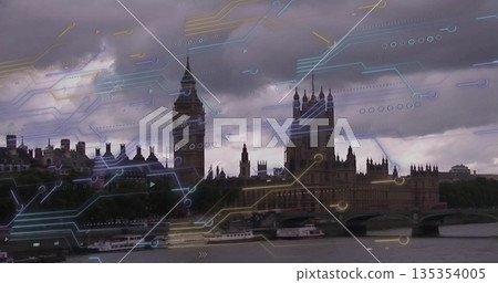 Showing Palace of Westminster, Elizabeth Tower rising above River Thames bank, with circuit overlay Showing Palace of Westminster, Elizabeth Tower rising above River Thames bank, with circuit overlay 135354005