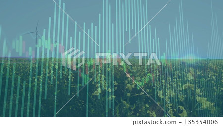 Displaying yellow crop field showing digital bar and candlestick charts at farm, with wind turbines Displaying yellow crop field showing digital bar and candlestick charts at farm, with wind turbines 135354006