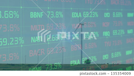 Displaying modern three-blade wind turbine rotating on grassland plain, with stock ticker overlays 135354009