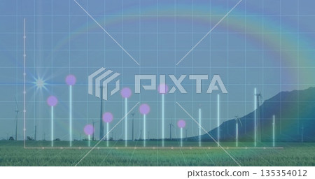 Displaying glowing chart overlay above rural wind farm plain, with clear grid and rainbow flare Displaying glowing chart overlay above rural wind farm plain, with clear grid and rainbow flare 135354012
