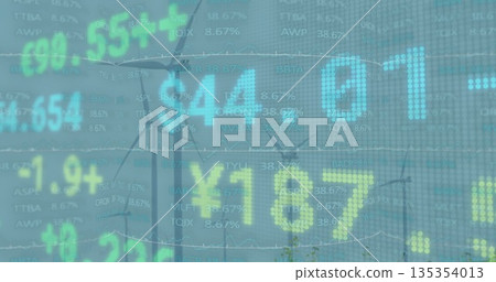 Displaying financial data overlays on wind turbines at wind farm, blending energy and stock trends Displaying financial data overlays on wind turbines at wind farm, blending energy and stock trends 135354013