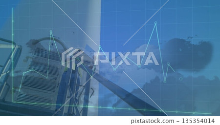 Climbing turbine technician ascending ladder at tower wearing hivis vest, with digital data overlay Climbing turbine technician ascending ladder at tower wearing hivis vest, with digital data overlay 135354014