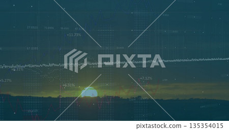 Rising sun disk glowing above mountain ridge silhouette at dusk, with financial data overlays Rising sun disk glowing above mountain ridge silhouette at dusk, with financial data overlays 135354015