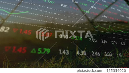 Displaying stock market data floating over grass blades in field, with tickers, arrows, grid lines Displaying stock market data floating over grass blades in field, with tickers, arrows, grid lines 135354020