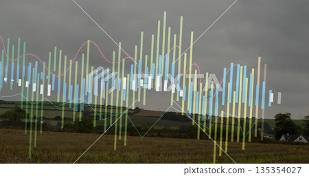 Displaying candlestick bars overlaying stubble and hedgerow at rural farmland, with waveform lines Displaying candlestick bars overlaying stubble and hedgerow at rural farmland, with waveform lines 135354027