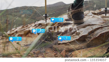 Pressing hiker boot advancing up slope on trail, with trekking pole, social media icons, copy space Pressing hiker boot advancing up slope on trail, with trekking pole, social media icons, copy space 135354037