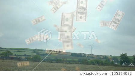 Floating cluster of US dollar bills hovering above farmland, with turbines, hedgerows and rooftops Floating cluster of US dollar bills hovering above farmland, with turbines, hedgerows and rooftops 135354052