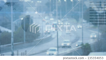 Curving multi-lane highway carrying cars on city road, with guardrails, lampposts and data overlays 135354053