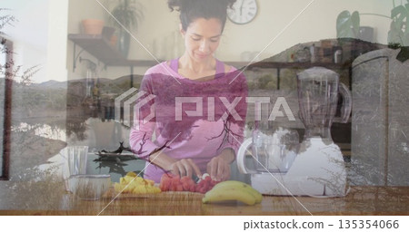 Slicing woman in sportswear using kitchen knife preparing fruits on board in kitchen, with blender Slicing woman in sportswear using kitchen knife preparing fruits on board in kitchen, with blender 135354066