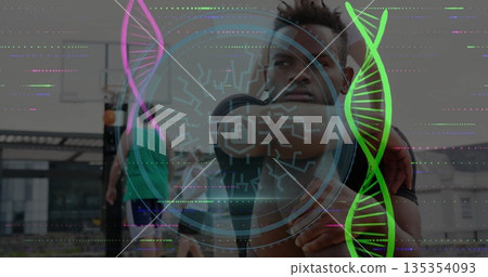 Stretching man raising arms behind head, wearing earphones on rooftop court, with biotech graphics 135354093