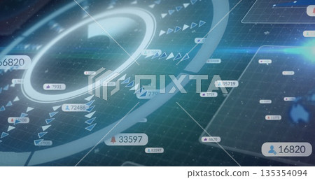 Displaying central circular HUD ring floating over virtual grid interface, with numeric data labels Displaying central circular HUD ring floating over virtual grid interface, with numeric data labels 135354094