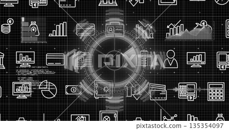 Central circular interface displaying bar chart and line graph icons in dark grid, with data theme Central circular interface displaying bar chart and line graph icons in dark grid, with data theme 135354097