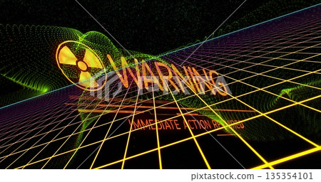 Showing radiation hazard symbol on neon grid with waveform and WARNING: IMMEDIATE ACTION REQUIRED 135354101
