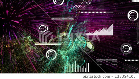 Swirling particle cloud forming in digital interface, with gauge dials, bar chart, numeric readout Swirling particle cloud forming in digital interface, with gauge dials, bar chart, numeric readout 135354103