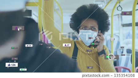 Talking commuter in yellow sweater wearing mask holding handrail on city bus, with smartphone Talking commuter in yellow sweater wearing mask holding handrail on city bus, with smartphone 135354108
