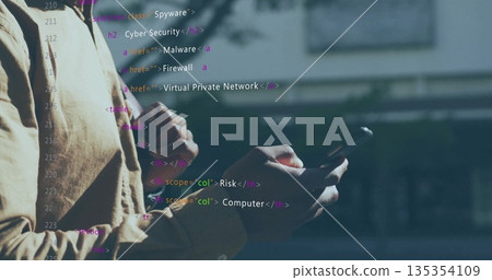 Holding smartphone man wearing yellow shirt viewing cybersecurity code on sidewalk, copy space 135354109
