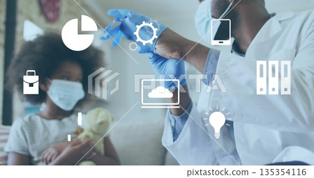 Masked doctor in lab coat putting on glove in living room, with digital icons, copy space 135354116